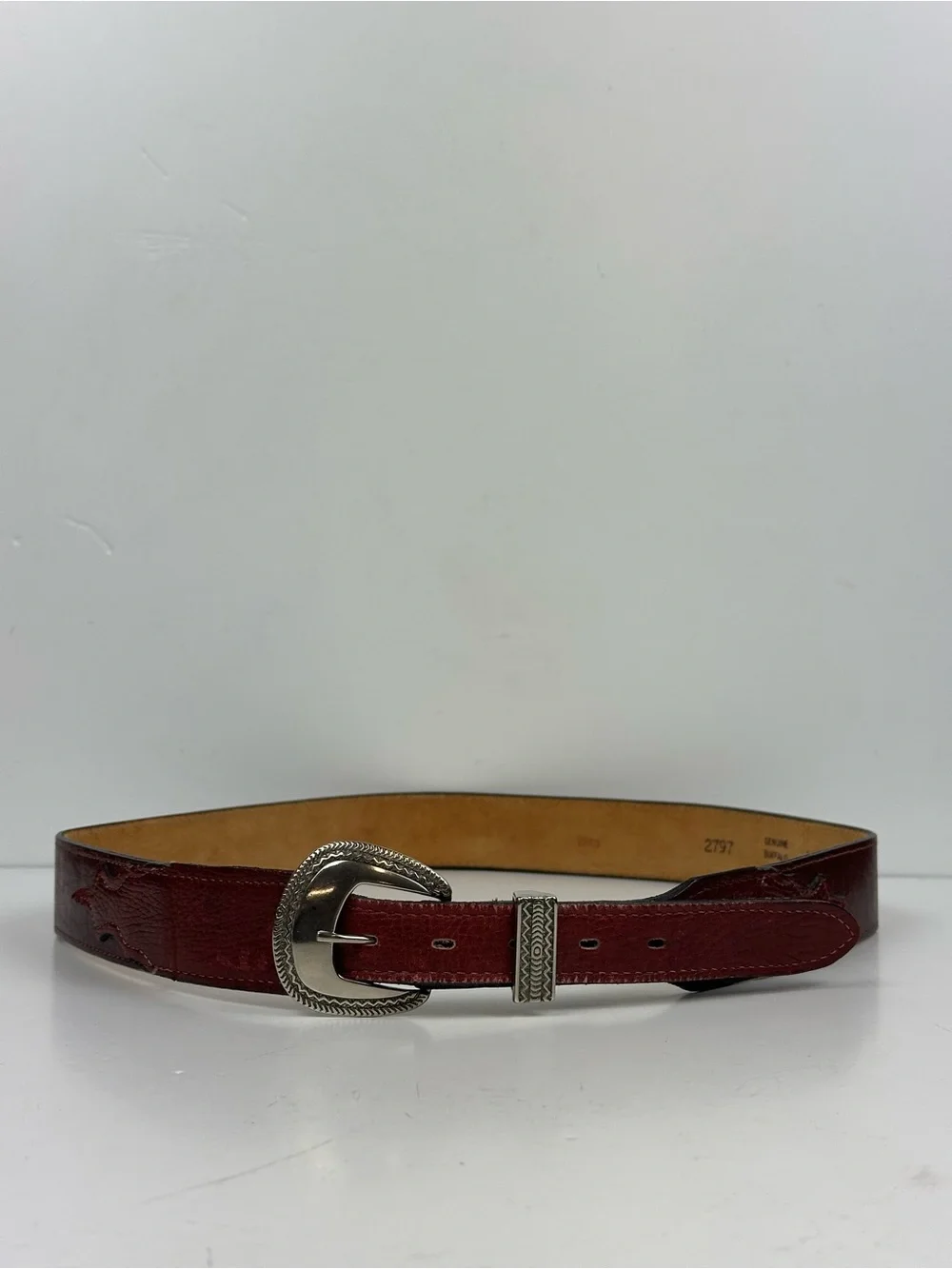 Leather Western-Style Red Belt with Silver Buckle